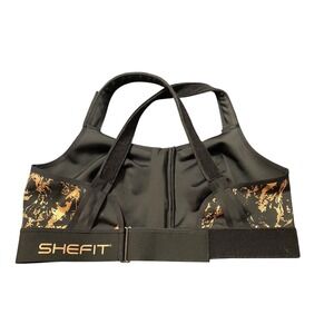 SHEFIT 2Luxe High Impact Sports Bra Size 2L Black Gold Foil Zip Front Adjustable